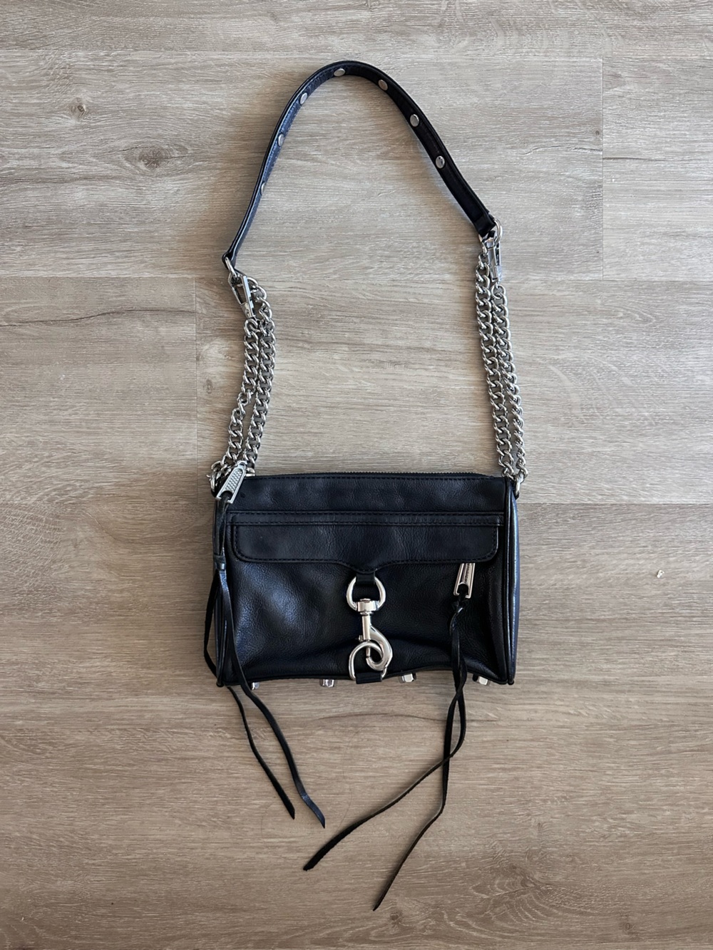 Rebecca Minkoff Black Leather Shoulder Bag with Silver Chain Strap